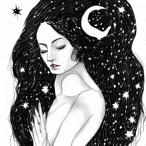 Image similar to A black ink portrait of a lonely beautiful woman with slightly opened lips and the the constellation in her black flowing hair, inktober