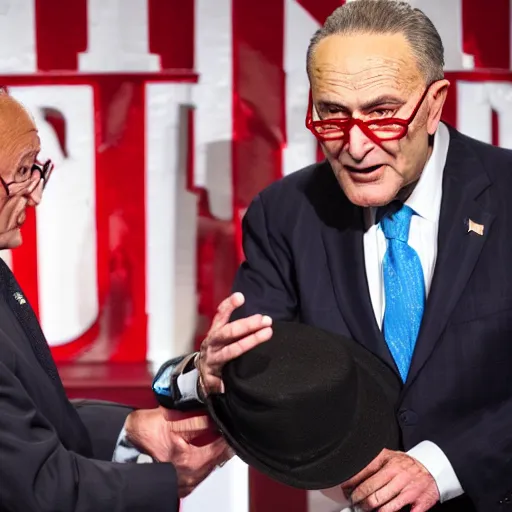 Image similar to Chuck Schumer as a magician pulling Joe Manchin out of a hat