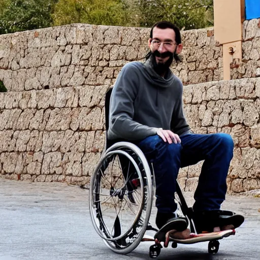 Prompt: pablo echenique in his wheelchair skateboarding in el valle de los caidos, in spain