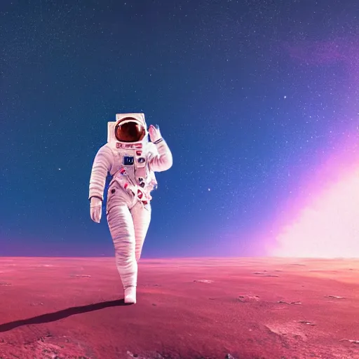 Image similar to A wide angle shot from below of a female astronaut with a feminine body walking with swagger towards camera on mars in an infinite universe , synthwave digital art