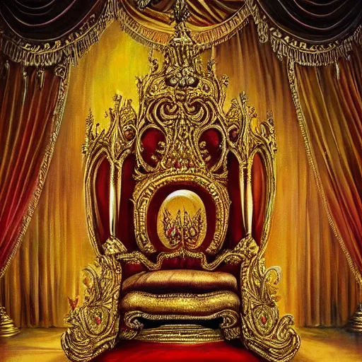 Prompt: The most epic beautiful detailed golden throne to give us hope that life is worth living in a red accented royal hall does exist in the style of esao andrews, benoit mandelbrot