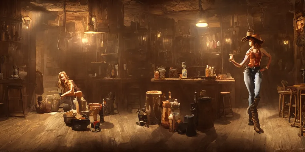 Image similar to an environmental concept art of a female cowboy, getting a drink in the saloon, highly detailed, cinematic, dramatic lighting, close shot by francis tneh