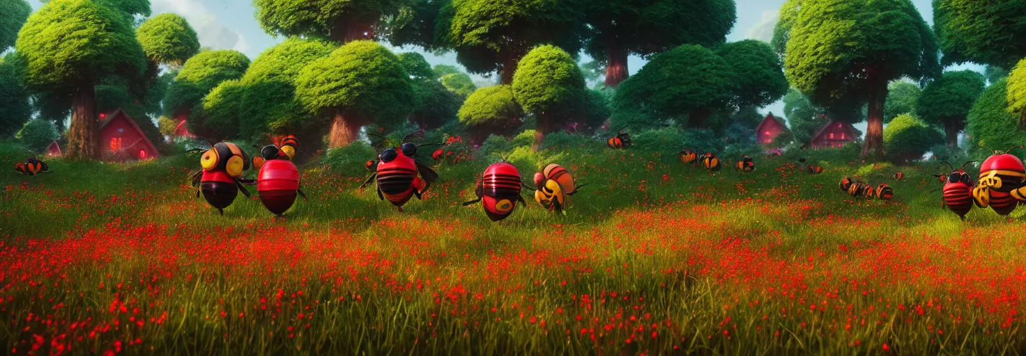 Image similar to stunning glowing dominant large highlighted crimson - black beehive, oversized cute bees in a beautiful forest meadow village landscape, flowers, happy trees, photorealistic, octane render, rtx, hdr, unreal engine, digital art widescreen 8 k, studio ghibli, bob ross, pixar, bee movie, disney