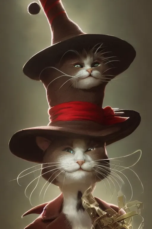 Prompt: complex 3 d render, hyper detailed, ultra sharp, of the cat in the hat, scary, cinematic, natural soft light, rim light, art by greg rutkowski and artgerm and alphone mucha, dr seuss