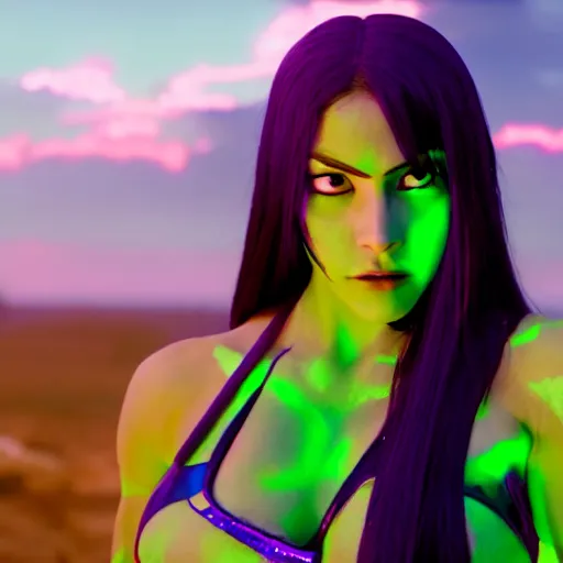 Image similar to cinematic scene with olivia rodrigo as jolyne from jojo's bizarre adventure, live action film, stone ocean, dramatic, small details, volumetric lighting, still frame