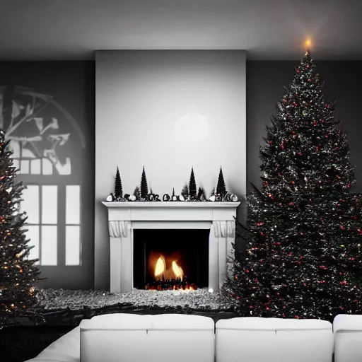 Image similar to slender man creeping at night, dark image, horror, Christmas tree with lights, fireplace in background, inside living room. Dark spect, 4k realistic