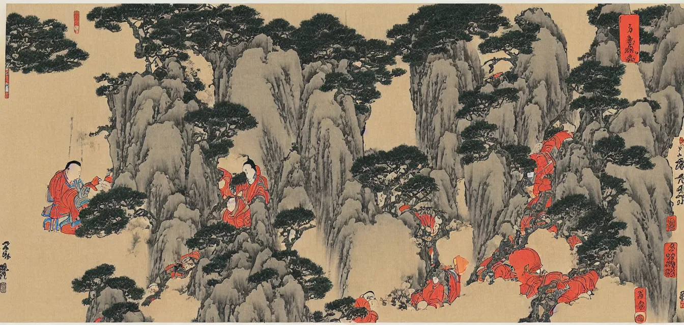 Image similar to taoist monks and temples in huangshan, artwork by katsushika hokusai