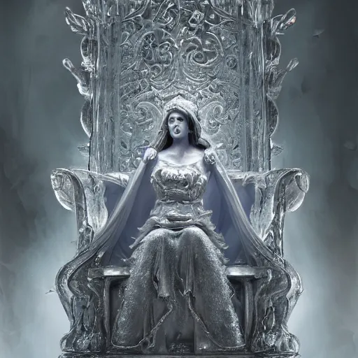 Image similar to an ice sculpture of a very detailed woman seated upon a throne Art Station, concept art, cinematic, 8k, Pinterest, cgsociety, hyper detailed, ultra realistic, epic, high resolution, post processing, ultra high quality, sci fi, sharp, 4k UHD, realistic, intricate, details, masterpiece, Deviant Art, Trending on Artstation, Unreal Engine 4k, octane render