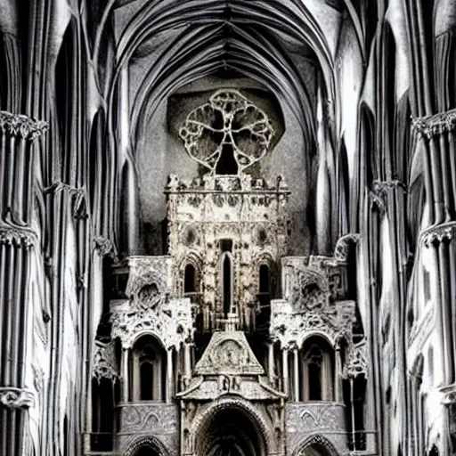 Prompt: A cathedral made out of skulls. Dream like, muted colors, dark, dreary.