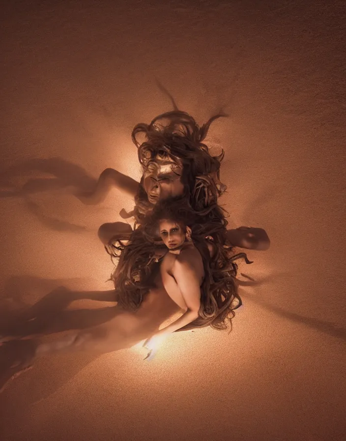 Prompt: realistic photo of Medusa like a beautiful woman in style of Peter Lindbergh, sitting in the middle of a desert, volumetric light, cinematic color lighting