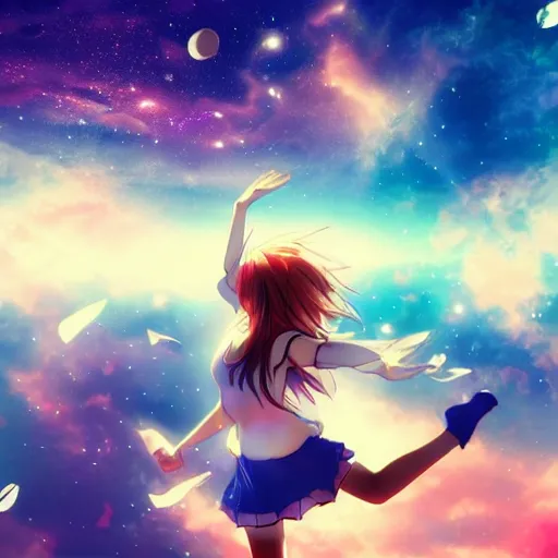 Image similar to Anime girl flying through space with a lucid dream feeling, cinematic, beautiful colours, pretty composition