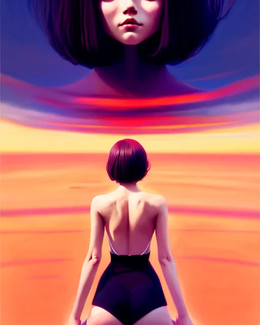 Image similar to beautiful girl floating in the middle of the sky, symmetrical face and body, symmetrical composition, dynamic wavey hair, detailed designs, digital painting, 4 k, by ilya kuvshinov, by greg rutkowski, atmospheric lighting