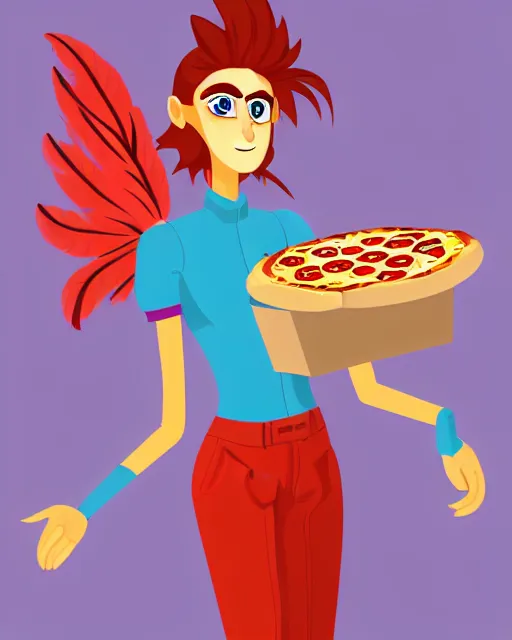 Prompt: female harpy as a pizza delivery woman, bird human hybrid with feathery bird arms and talon bird feet, holding a cardboard pizza box, wearing a pizza delivery uniform. feathers for hair, cute, dynamic character design, stunning, highly detailed digital illustration, crisp linework, top rated on artstation, stylized urban fantasy artwork