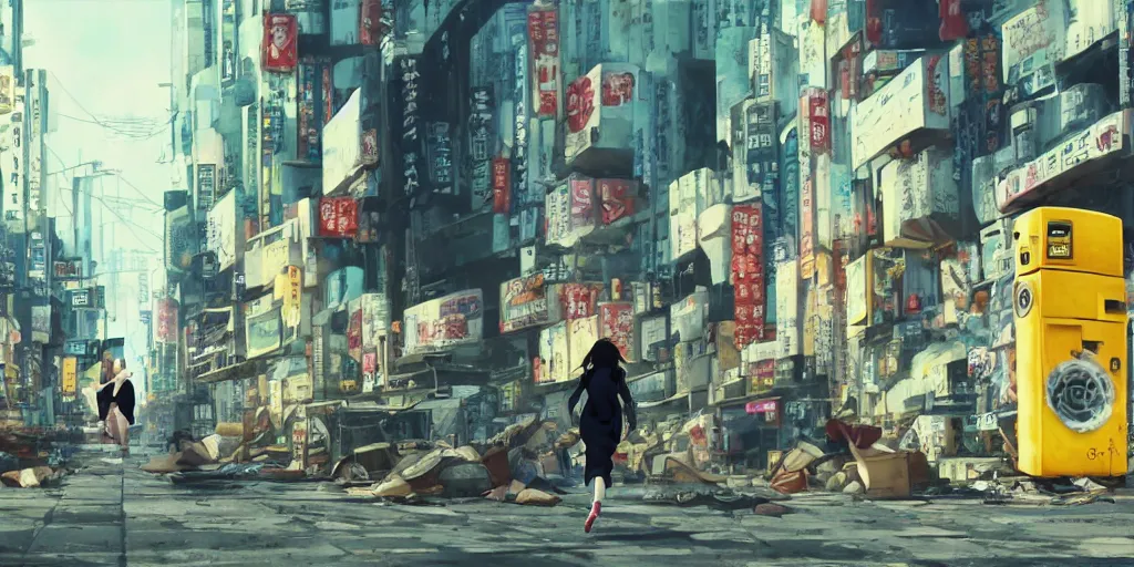 Prompt: incredible wide screenshot, ultrawide, simple watercolor, rough paper texture, ghost in the shell movie scene, backlit distant shot of girl in a parka running from a giant robot invasion side view, yellow parasol in deserted dusty shinjuku junk town, broken vending machines