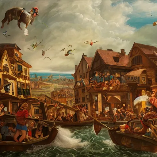 Image similar to a highly detailed oil painting of a giant dachshund smashing houses, renaissance, bystanders watching from the sides, 4 k, by ariduka 5 5, monokubo, artstation,