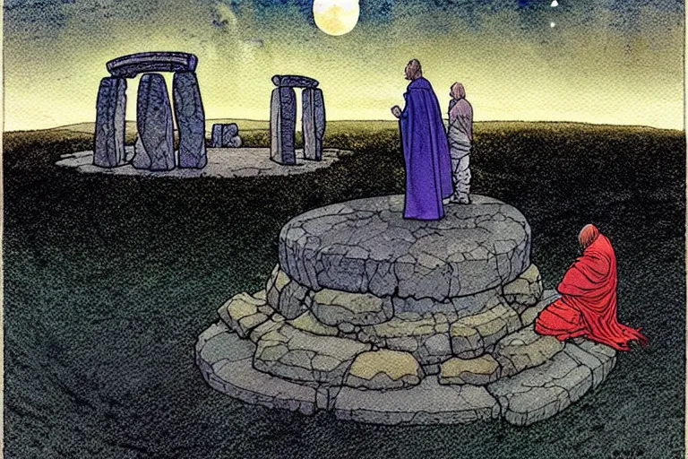 Image similar to a realistic and atmospheric watercolour fantasy concept art of a metallic ufo landing in a large stonehenge. medieval monk in grey robes on his knees praying. a crescent moon in the sky. muted colors. by rebecca guay, michael kaluta, charles vess and jean moebius giraud