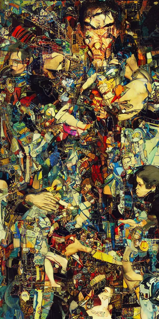 Image similar to unbelivable tension between two people, surreal, vivid colors, intricate design, painting by Alexander Mandradjiev, part by Yoji Shinkawa, part by Norman Rockwell