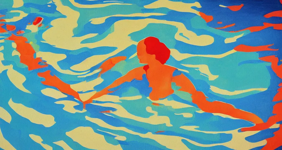 Prompt: a modernist painting of a woman swimming in a pool. sunny day. clean colours.