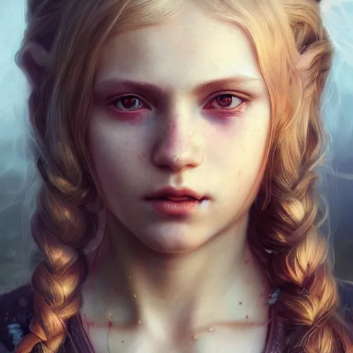 Prompt: portrait of a young girl with blond twin tail hair and red eyes, ultra realistic, concept art, intricate details, eerie, highly detailed, photorealistic, octane render, 8 k, unreal engine. art by artgerm and greg rutkowski and alphonse mucha