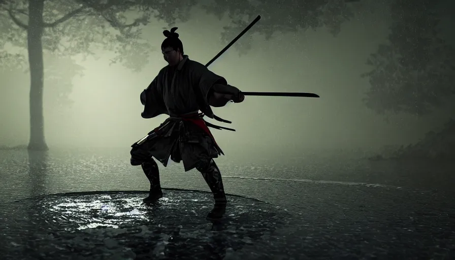 Image similar to Digital Art of A Samurai! Ninja! in Action Pose, standing in a glowing lake while it rains, Concept Art, highly detailed, Artstation, 8k, Raytracing, Unreal Engine 5