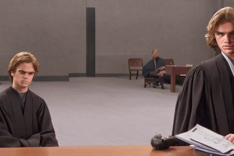 Prompt: anakin skywalker is defended in us court by saul goodman, 1 0 8 0 p, court session images, realistic faces