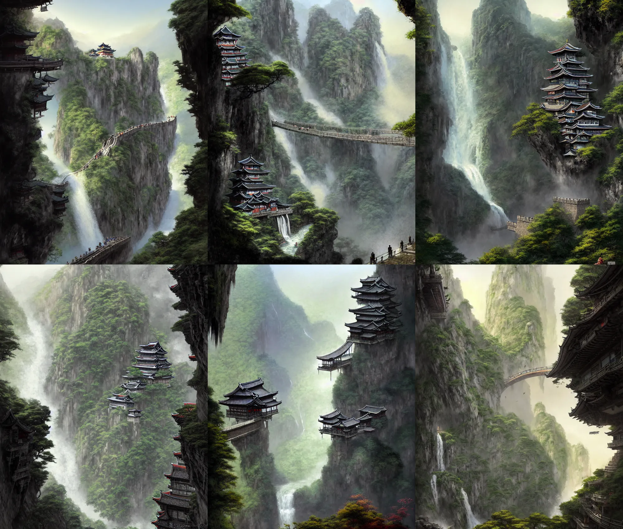 Prompt: establishing wide shot inside han son doong with waterfalls on either side of the cliff walls, at the top of the cliff is a japanese castle, a cloister is built into the cliff walls, an old suspension bridge spans the walls, sunny morning light, detailed digital concept art by greg rutkowski and gerald brom and james gurney, detailed textures, sharp focus