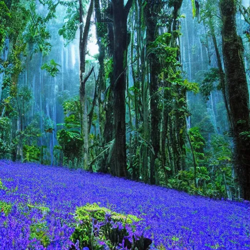 Image similar to an endless plain of blue flowers, a distant rainforest, gigantic trees in the style of avatar, h 7 0 4