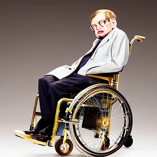 Image similar to Stephen Hawking with a gold wheelchair, flashy photography,