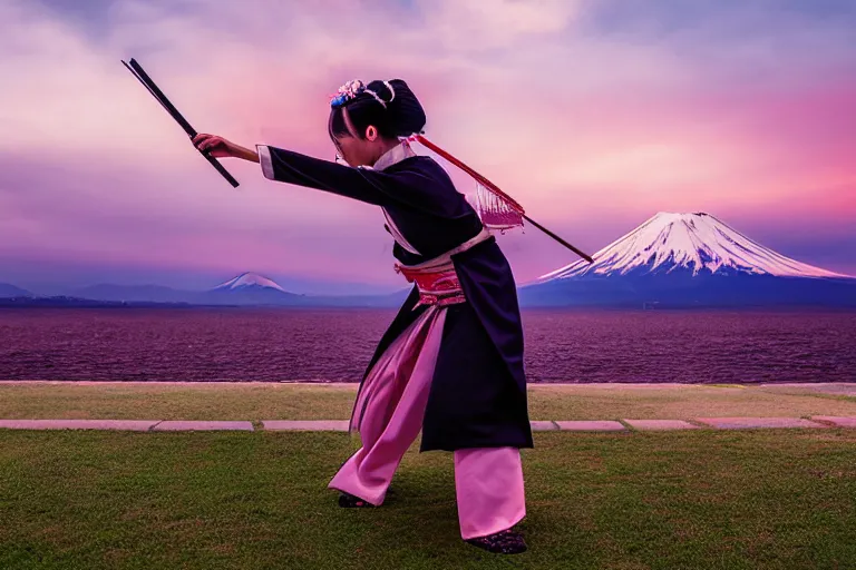 Image similar to beautiful photo of a geisha samurai warrior, mt fuji in the background, mid action swing, muted pastels, action photography, 1 / 1 2 5 shutter speed, back lit lighting