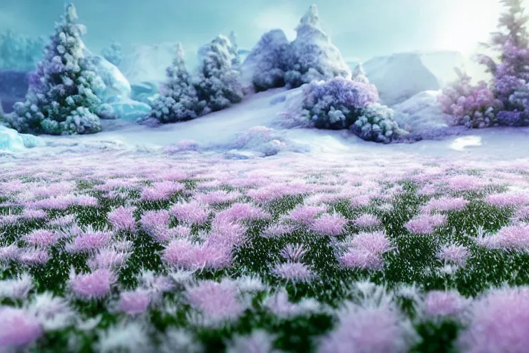 Image similar to perfume bottle buried flowers at a blurred background ice hotspring by peter tarka in the middle of the actic with little white frosted flowers, soft lilac skies, silky smooth, dramatic, mid day, blurry snow mountain background, large scale, wind - swept, lots of detail, realistic lighting, octane render, by wlop, artgerm, trending on artstation