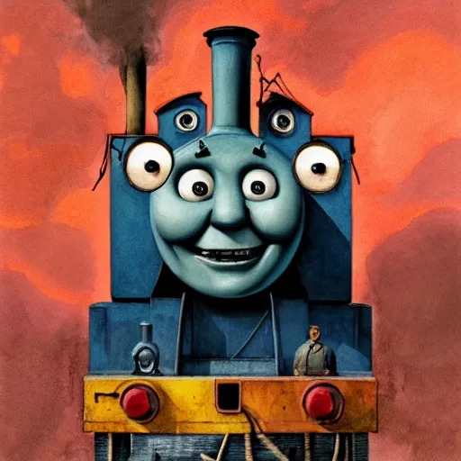 Prompt: watercolor cartoon grunge portrait of creepy horror Thomas the tank engine. intricate abstract. intricate artwork. nightmare fuel. terrifying. by zdzisław Beksiński, wlop, dan mumford , trending on artstation, Greg rutkowski very coherent symmetrical artwork. cinematic, hyper realism, high detail, octane render, 8k