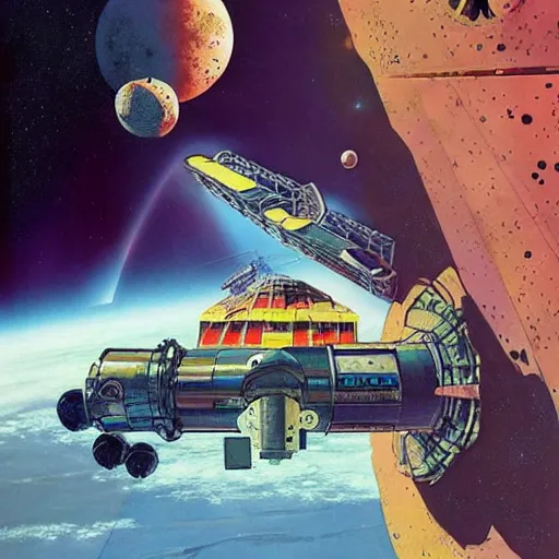 Prompt: abandoned space station, scifi cover art by chris foss