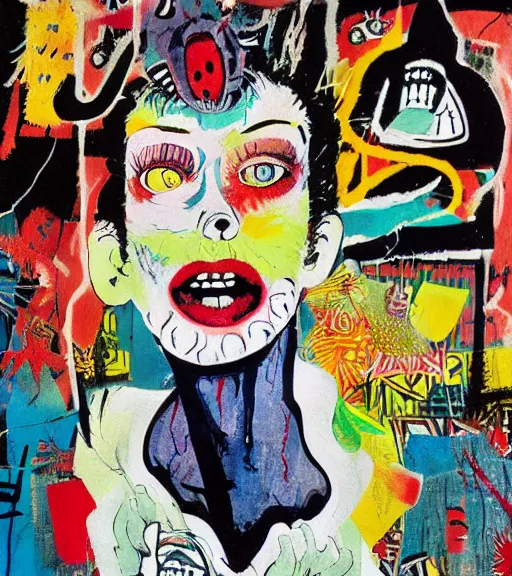 Prompt: acrylic painting of a bizarre nightmare woman in front of an aquarium in tokyo, mixed media collage by basquiat and jackson pollock, maximalist magazine collage art, retro psychedelic illustration, 1 9 9 0 s