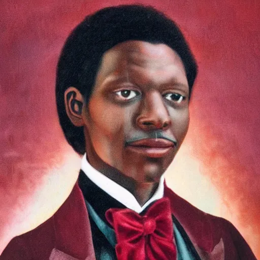 Prompt: realistic photo portrait of a black male anthropomorphic fox with long black hair over his collar bone, wearing a dark red colored tuxedo
