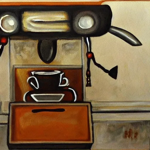 Prompt: a painting of haunted espresso machine that makes coffee from human souls