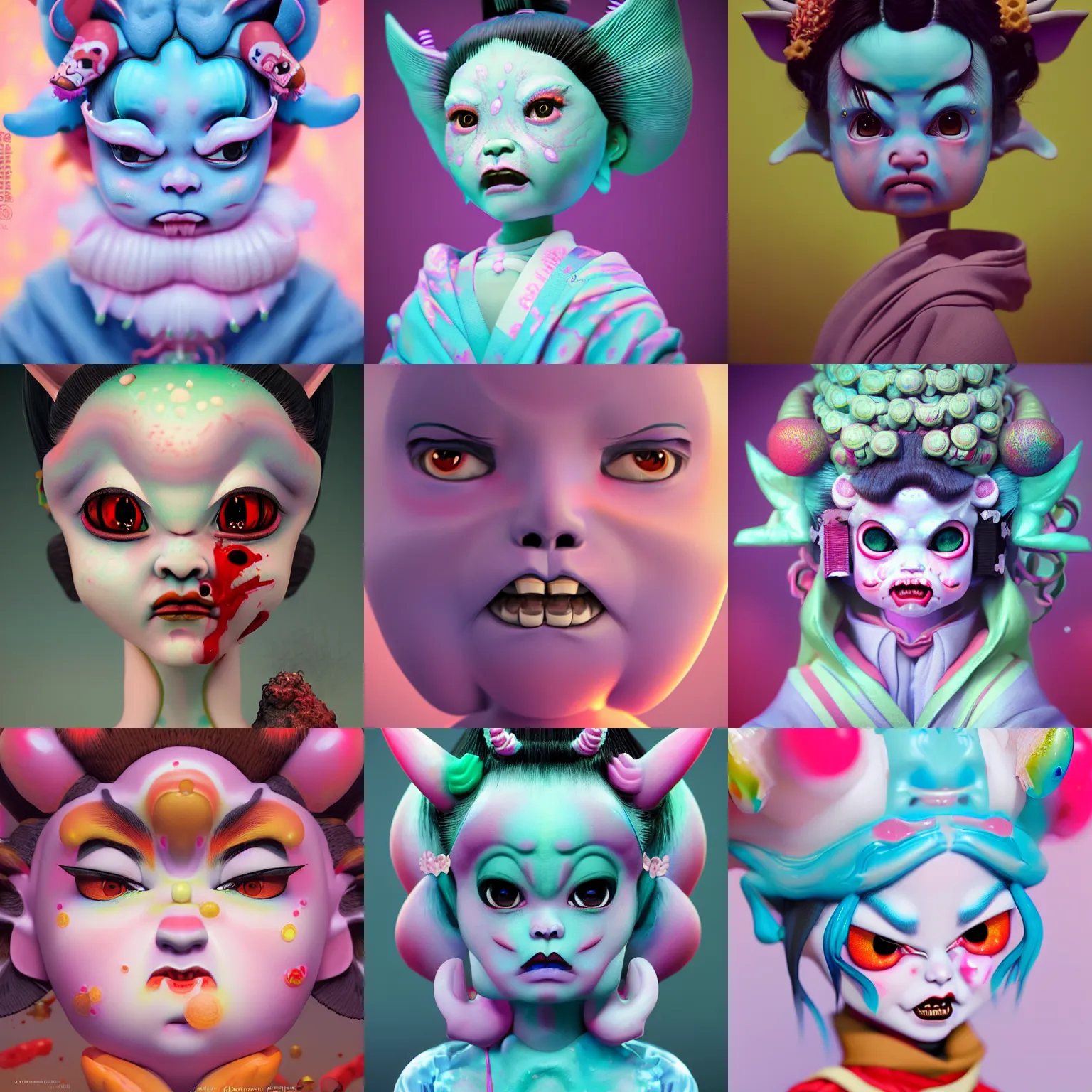 Prompt: an oni demon geisha by amy sol hikari shimoda, mark ryden, cute, weird, cool, pastel colors, glass, plastic, face symmetry, artstation, houdini sidefx, octane 3 d, volumetric lighting, 8 k