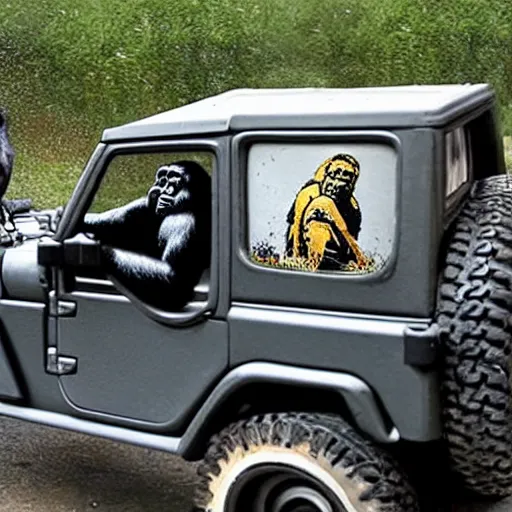 Prompt: gorilla driving a jeep made by banksy