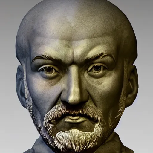Image similar to super realistic man with pot on his head, Lenin's bust, high quality, photomodel