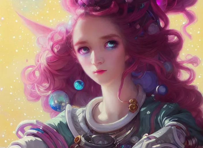 Image similar to close up picture of an maximalist dress magical girl, neat hair with bangs, smug face, extremely beautiful and aesthetic and detailed cute face and eyes, wipe out evils with cute astronaut familiar sprites, aming the magical beams to the camera, chiaroscuro, intricate, masterpiece, epic fantasy illustrations by peter mohrbacher and anato finnstark and jeremy lipking