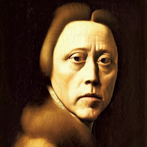 Prompt: renaissance portrait painting of christopher walken wearing a powdered wig, chiaroscuro, by johannes vermeer, detailed