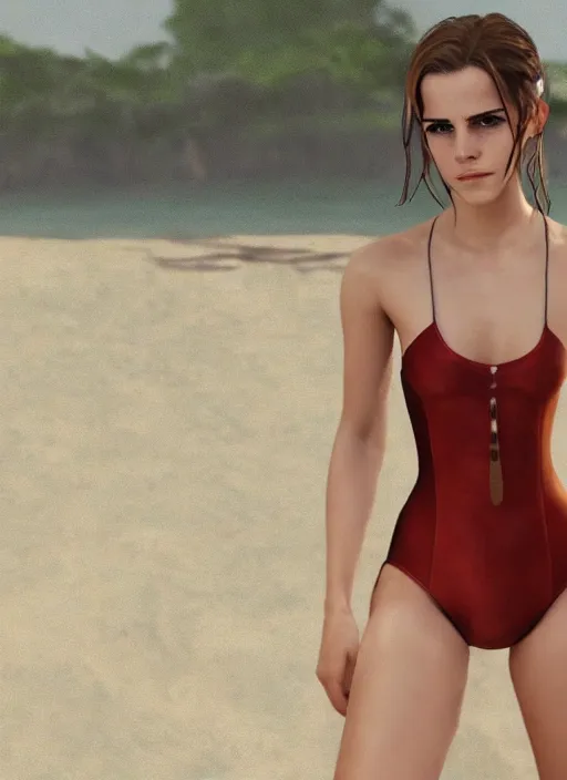 Prompt: ultrarealistic photo of emma watson swimsuit beach warrior, full body, cinematic, artstation