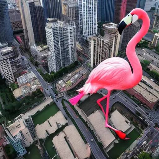 Image similar to photo of a giant real flamingo towering above a city