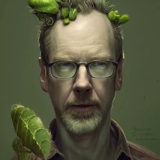 Prompt: adam savage as a plant like creature, closeup portrait by greg rutkowski, realistic face, digital art,