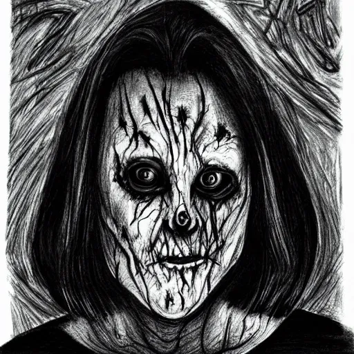 Prompt: a scary horror themed aunt, drawn with charcoal and pen and ink, half-tone-line-stacking