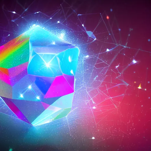 Image similar to exploding diamond with fragments lit up by rainbow light, octane render