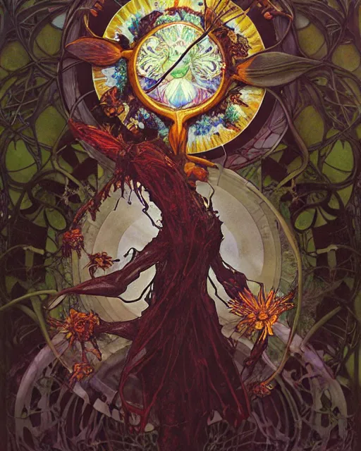 Prompt: the platonic ideal of flowers, rotting, insects and praying of cletus kasady carnage davinci dementor chtulu mandala ponyo dinotopia bioshock the witcher, d & d, fantasy, ego death, decay, dmt, psilocybin, concept art by randy vargas and greg rutkowski and ruan jia and alphonse mucha