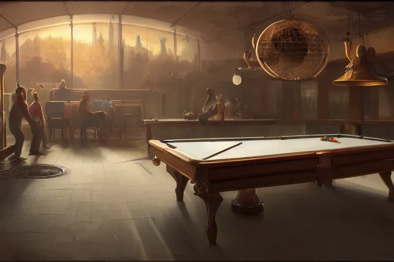 Image similar to a billiards table with planets for balls, matte painting, long shot, concept art, wide shot, digital art, trending on artstation, 4 k, extremely detailed, realistic, midday, warm colors, golden sunlight, by greg rutkowski, cinematic, epic