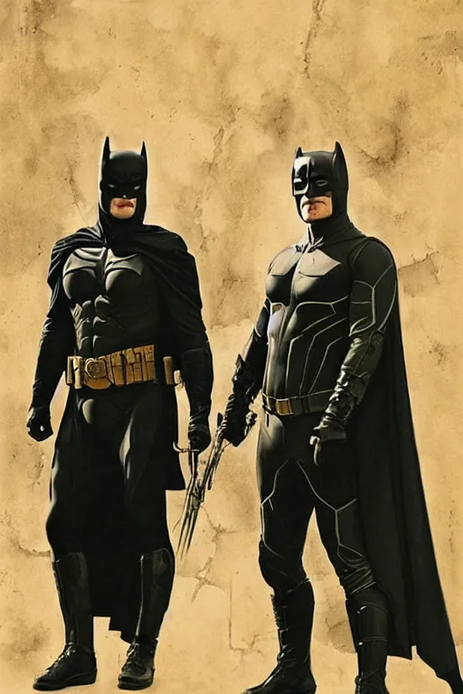 Image similar to a detailed matte portrait of jensen ackles and misha collins dressed as batman and robin, masterpiece, 8 k, art by alphonse mucha and greg rutkowski