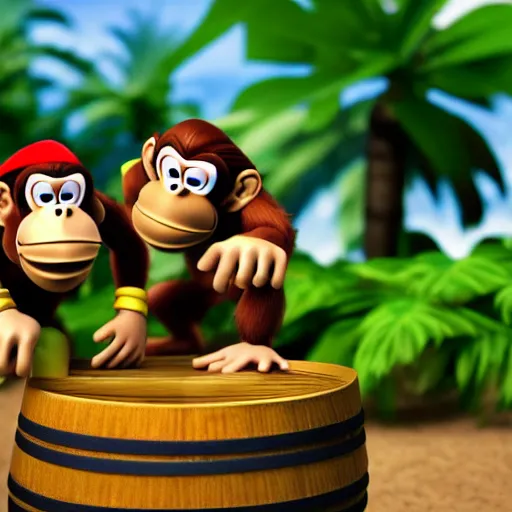 Image similar to Donkey Kong and Diddy Kong surrounded by tropical trees and barrels, 3D render, detailed clay model