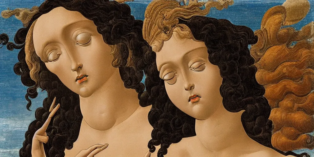 Prompt: Botticelli Venus as a Black woman rising from the sea on a shell, accurate face